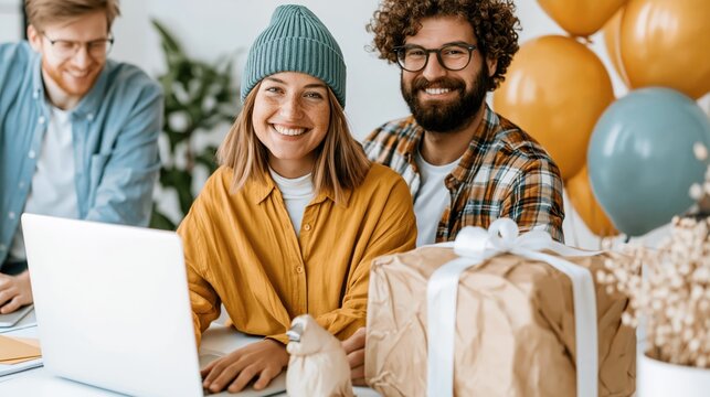 A joyful group of friends gather around a laptop, smiling and celebrating together while surrounded by party decorations and a gift, embodying a moment of connection and happiness.