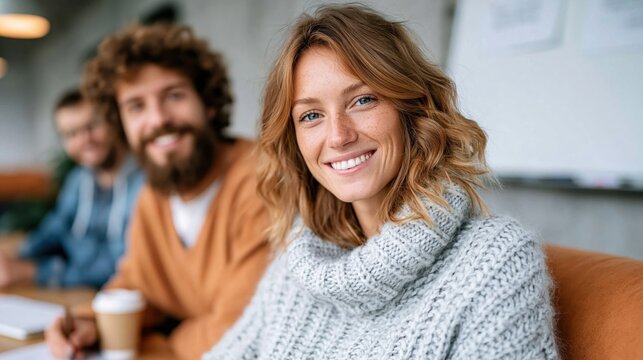 A cheerful group of young adults smiling and enjoying coffee together at a modern cafe, embodying friendship, engagement, and the joy of shared experiences in a casual setting.