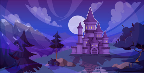 Naklejka premium Fairytale castle against luminous full moon with layered clouds and wooded hills. Cartoon mysterious nighttime landscape with fantasy architecture. Vector storybook artwork or game environment