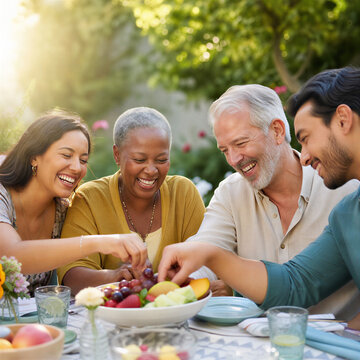 Happy multi-generational family dining outdoors. Diverse group of friends sharing healthy fruit meal in sunny garden. Smiling people at summer brunch.