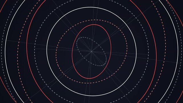 Rotating concentric circles and elliptical orbital lines displayed on a dark technical navigation radar screen