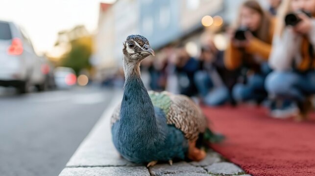 An elegant peacock rests on the street, showcasing its vibrant plumage while being observed by curious onlookers, symbolizing beauty and contemplation in urban spaces.