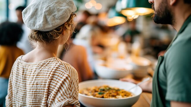 A woman in a striped shirt and beret stands in a lively restaurant, holding a plate with delicious food, capturing the joy of culinary experiences and social gatherings.