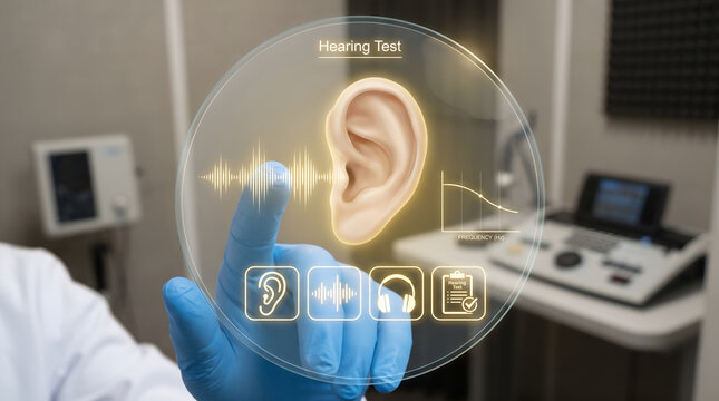Medical professional hand touching interactive circular digital screen display conducting hearing test with 3D ear anatomy sound wave frequency graph and otology icons in clinical audiometry lab