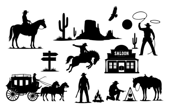 Silhouette del selvaggio West con cowboy, cavalli e paesaggio desertico. Generative AI 