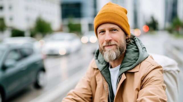 A stylish bearded man wearing an orange beanie and a casual jacket sits outdoors, enjoying the vibrant urban life around him, with cars and buildings in the backdrop.