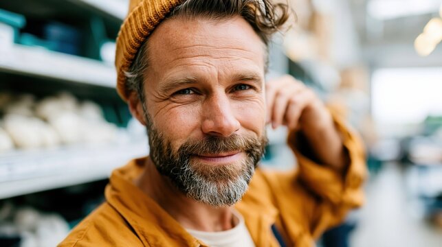 A man with a friendly smile poses amid a well-stocked shelf of artisanal items, representing creativity, individuality, and the joy of everyday life in a vibrant atmosphere.