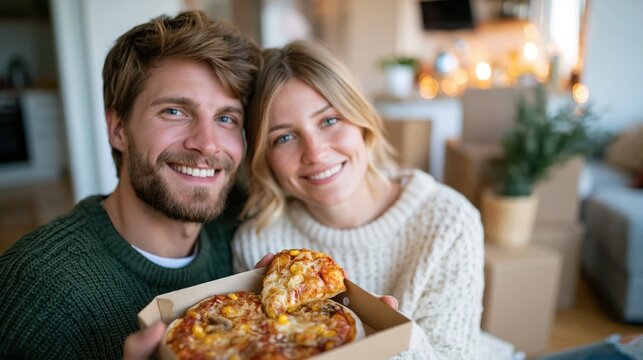 A joyful couple smiles while holding a delicious pizza box, embodying love, comfort, and shared experiences in a cozy, packed living room filled with warmth.