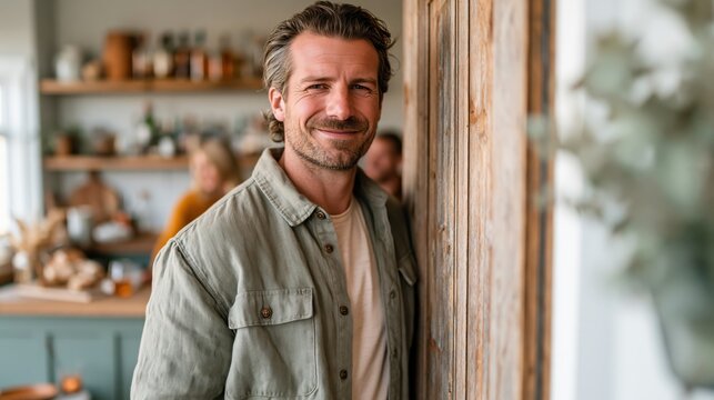 A confident man leans against a wooden wall in a bright kitchen, exuding warmth and friendliness while creating a welcoming atmosphere for family and friends.