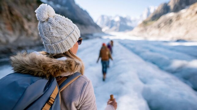 A daring hiker walks across a stunning icy glacial landscape, embodying adventure and the raw beauty of extreme nature experiences.