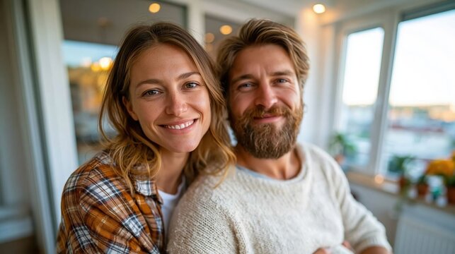 A happy couple is smiling and embracing each other in a bright indoor setting, filled with warmth and joy, reflecting love and connection in a modern living space.