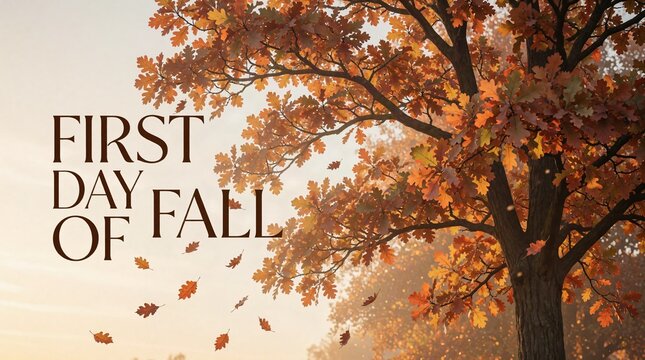First Day of Fall Greeting Card with Golden Autumn Tree and Falling Leaves