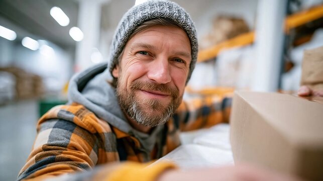 A cheerful warehouse worker poses with a package, showcasing a friendly demeanor while working in a spacious warehouse filled with goods. Bright, well-lit, and inviting.