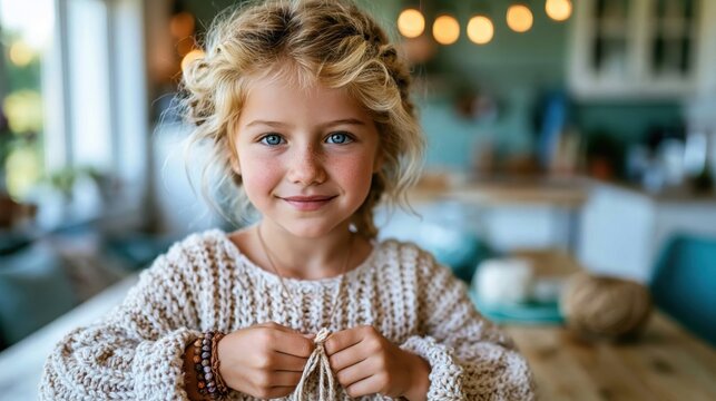 A young girl with flowing hair smiles brightly while holding her crafting project, symbolizing creativity and joy, set in a brightly lit, cozy home environment.