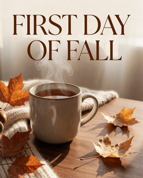 Cozy First Day of Fall Greeting Card with Hot Coffee, Autumn Leaves, and Soft Blanket