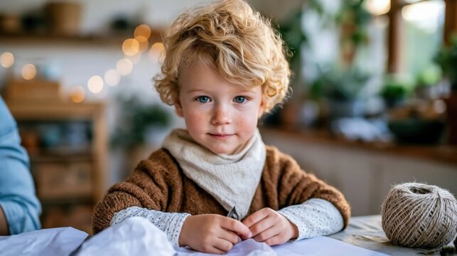 A young boy with curly hair sits at a table, deeply engaged in his craft. His joyful expression highlights the creativity and innocence of childhood in a homey environment.