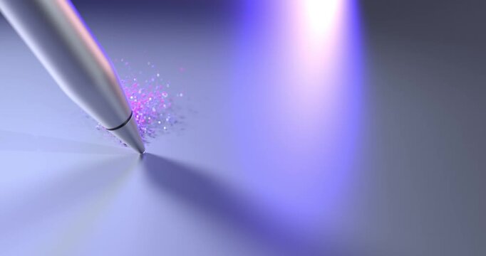Metallic pen draws a flowing trail of colorful glowing particles across a smooth surface as the camera follows the tip in a soft blue 3D animation.