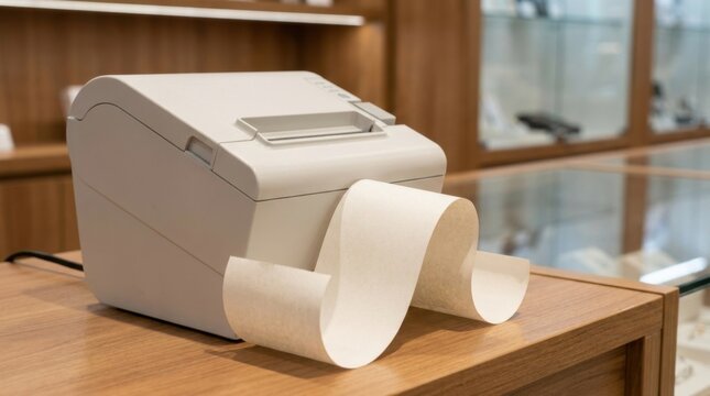 Modern receipt printer on a wooden counter in a retail store.