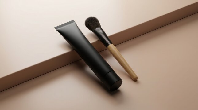Minimalist black cosmetic tube and makeup brush on neutral background.