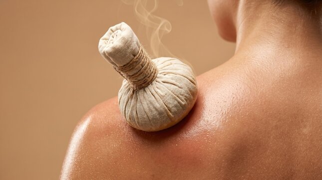 Close-up of a steaming herbal compress ball being applied onto a woman wet oiled shoulder during a spa massage treatment.