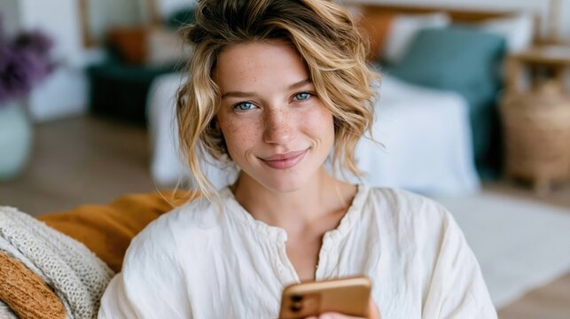 A cheerful young woman engages with her smartphone in a cozy indoor space, embodying the essence of modern communication and joyful living amid home comfort.