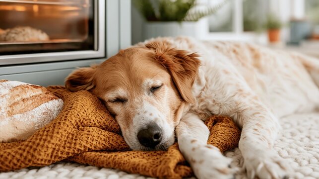 A golden retriever dog peacefully sleeps on a fuzzy blanket by the fireplace, exuding warmth and comfort in a cozy indoor environment during a tranquil moment.
