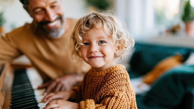 A cheerful child plays the piano while a father plays along, capturing the joy of music and togetherness, creating warm memories in a cozy and nurturing environment.