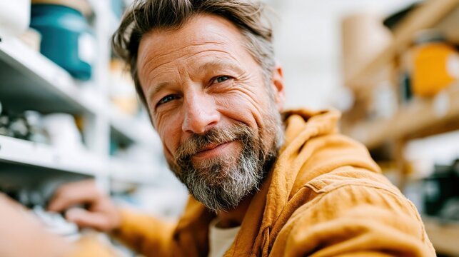 A smiling mature man with a beard enjoys working in a craft store, surrounded by creative tools and materials, showcasing the joy of craftsmanship and passion for creativity.