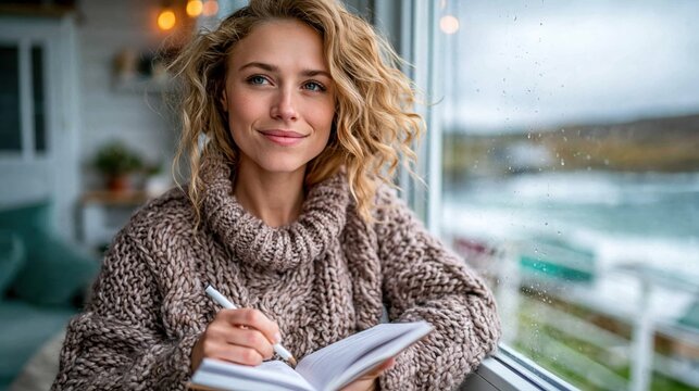 A serene scene of a young woman journaling by a window, with a backdrop of rain-soaked landscapes, capturing reflective moments and the beauty of solitude.