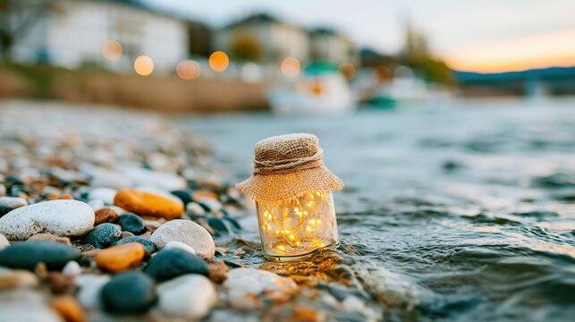 A charming jar adorned with fairy lights rests gently on the water's edge, creating a tranquil scene that evokes serenity and peaceful contemplation in nature's embrace.