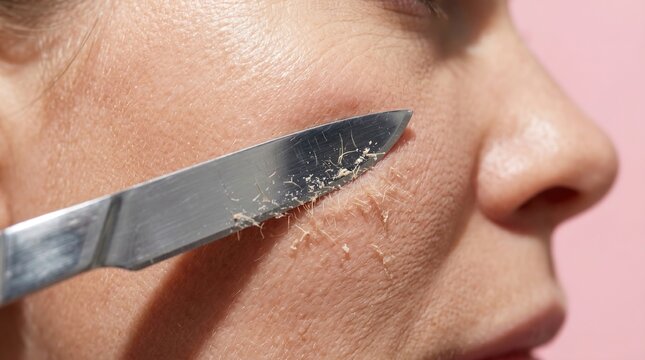 Close-up macro of a dermatologist performing a dermaplaning facial treatment to scrape dead skin and hair off a cheek.