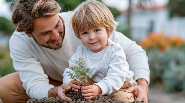 A heartwarming scene of a father helping his young son plant a small tree in their garden, showcasing the bond between them and the joy of nurturing nature together.
