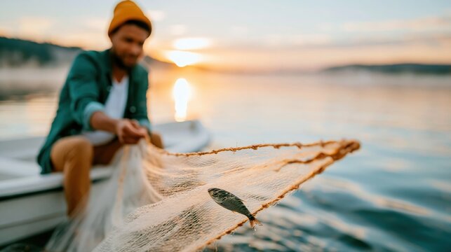 A young man skillfully casts a fishing net into reflective water at sunset, capturing the essence of fishing while enjoying a breathtaking scenic view.