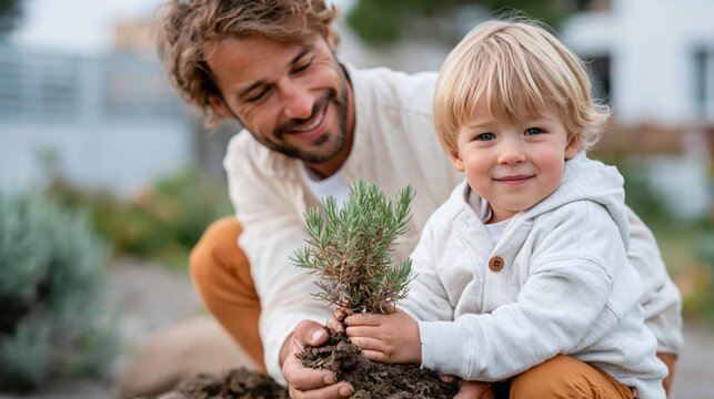 In a nurturing environment, a father guides his child in planting a small tree, sharing a moment of learning and love, highlighting the bond between parent and child in nature.