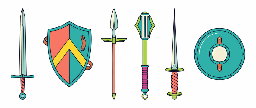 Medieval weapon set knight shield longsword spear mace dagger isolated on white background flat vector illustration elements for gaming RPG fantasy equipment icon design asset collection kit art