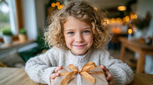 A joyful young child holds a beautifully wrapped gift in a cozy, softly lit indoor environment, exuding happiness and delight, inviting viewers to feel the warmth of celebration.