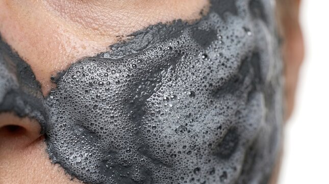 Macro shot of an oxygenating black charcoal bubble eye mask applied under a person eye for dark circles treatment.