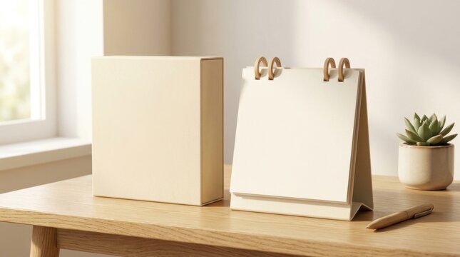 Minimalist desk setup with blank calendar and plant.