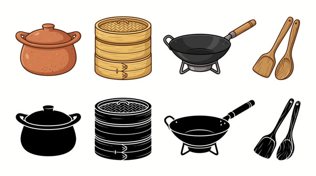 Collection of assorted Asian cooking utensils including pots, woks, and steamers