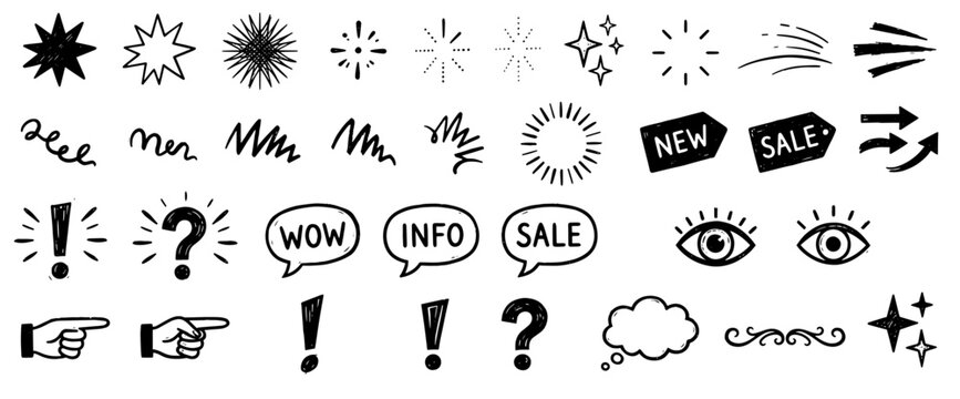 Set of hand drawn lightning bolts stars exclamation marks question marks stars and comic explosion emoticons shapes doodle elements. Vector set.