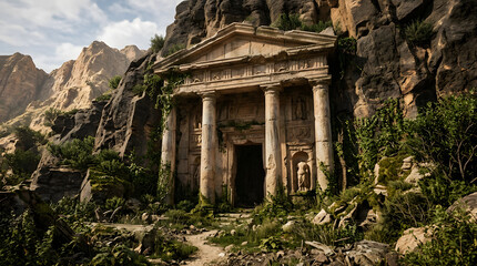Fototapeta premium Ancient rock temple facade in lush green mountain canyon.