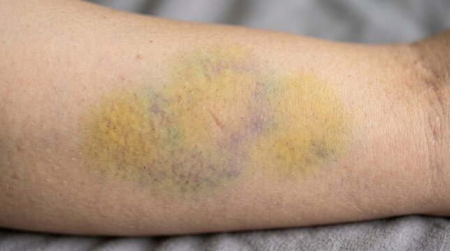 Close-up of a healing human skin bruise showing yellow and faded greenish discoloration stages of hematoma recovery.