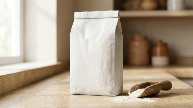 White paper bag of flour with wooden scoop on kitchen counter.