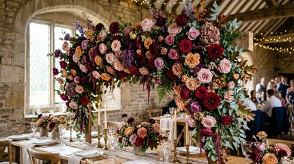 Fototapeta premium Elegant Floral Arch Over Wedding Reception Table Setting