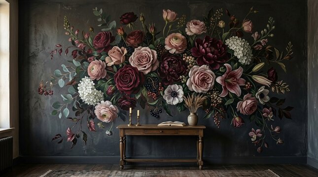 Elegant Floral Mural on Dark Wall with Vintage Table