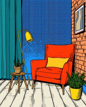 Pop art interior illustration with red armchair and floor lamp in a modern living room.