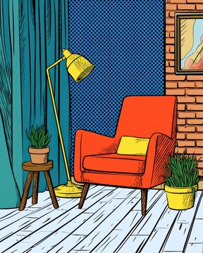 Pop art style interior illustration with a red armchair and floor lamp in a cozy room