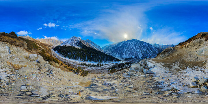 360-Degree Panorama of Kyrgyzstan Mountain Valley and Peaks