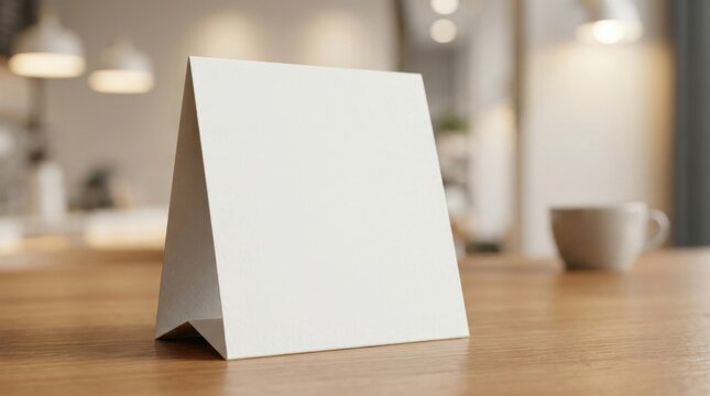 Blank white table tent card on a wooden table with a blurred background of a cafe.