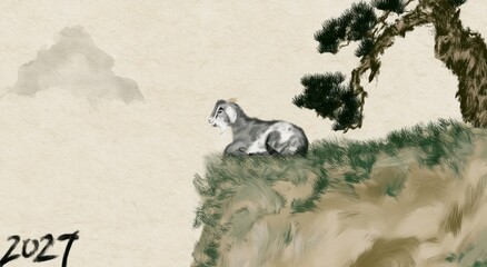 Obraz premium Traditional Chinese ink wash painting of a cat resting on a cliffside under a pine tree.